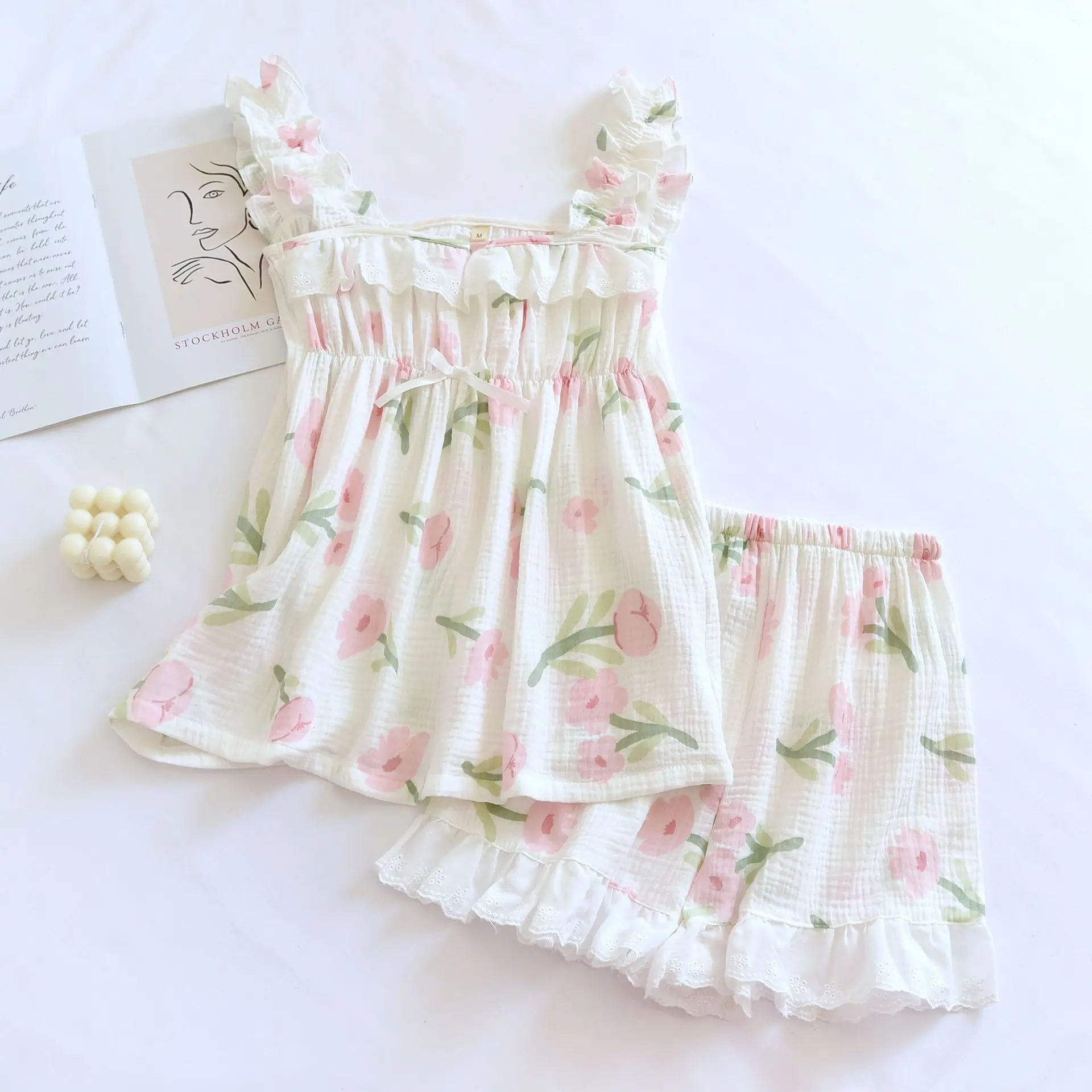 

2023 Summer New Women's Pajama Set 100% Cotton Crepe Vest+Shorts Two Piece Ladies Pink Flower Sweet and Cute Home Fury Sleepwear