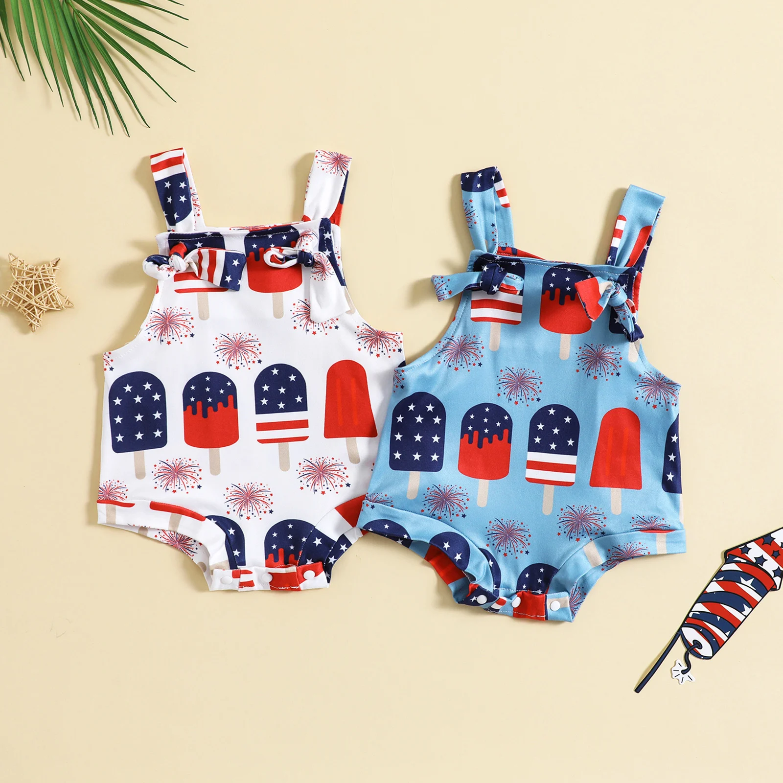 

2023-04-11 Lioraitiin 0-3Years Toddler Girls Independence Day Bodysuit Sling Sleeveless Stars Stripe/Ice Cream Print Jumpsuit