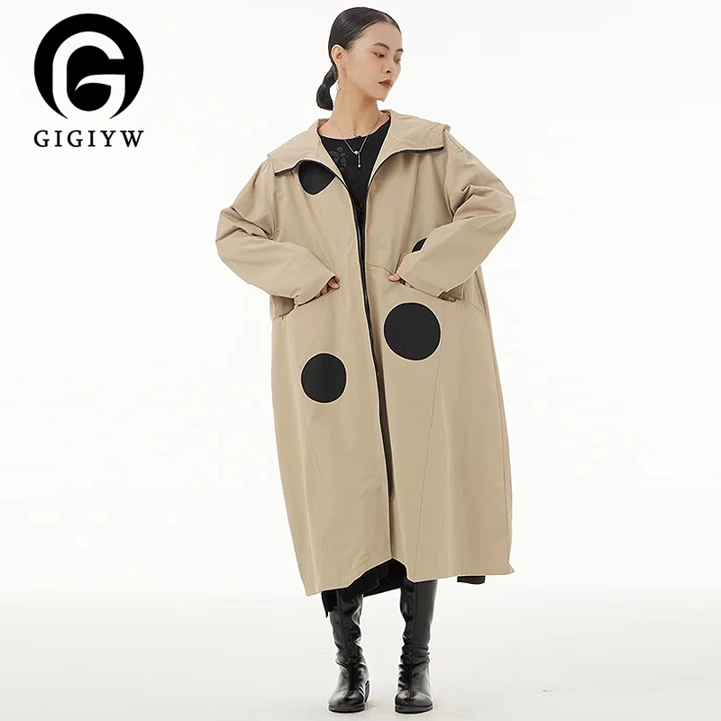 

GIGIYW Loose Long Large Dot Autumn Ladies Hooded Cotton Linen Trench Design Sense French Waist Coat Autumn Women 2022 New SK273