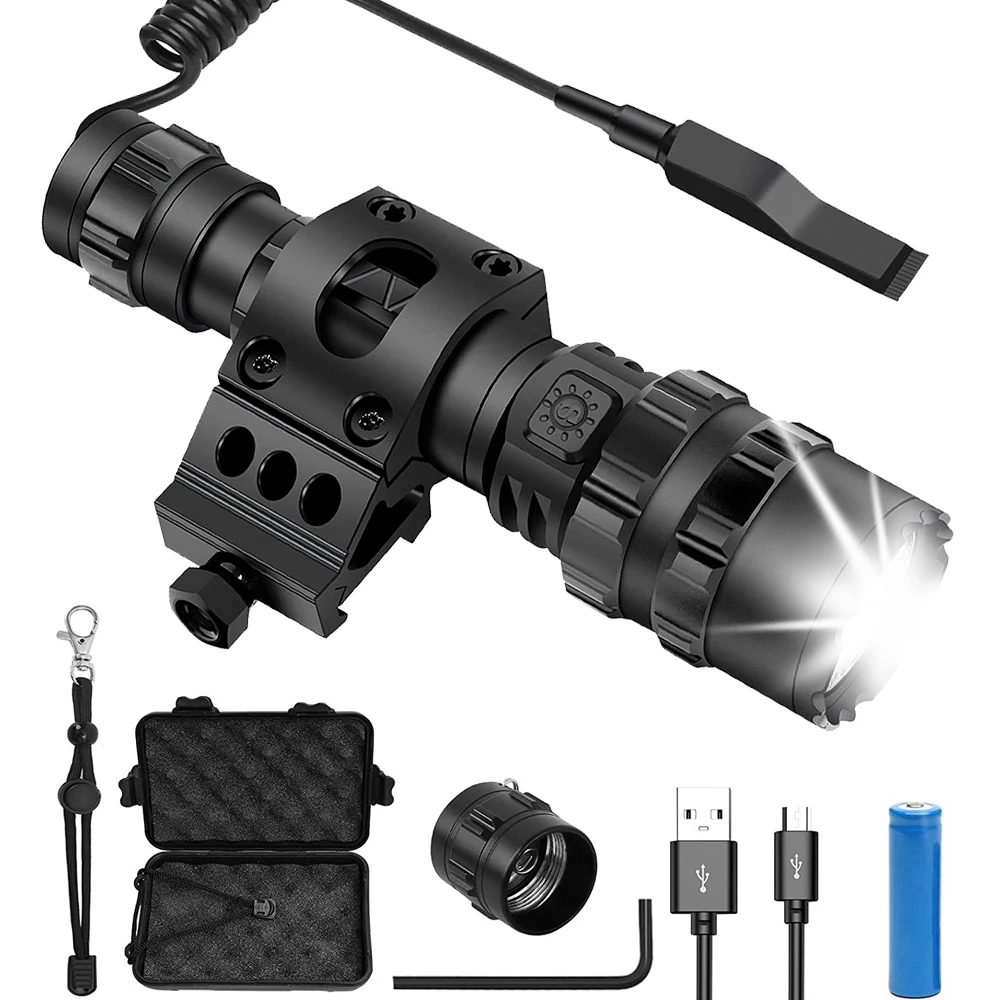 

1600 Lumens Zoomable Tactical LED Flashlight Rechargeable Hunting Torch Light With Remote Switch with 20mm Rail Mount Clip