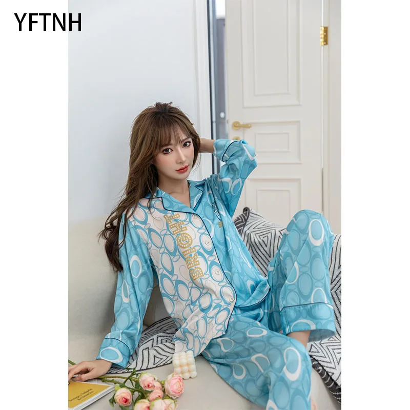

YFTNH Womens Pajamas Sets Cartoon Tiger Printing Soft Silk Long Sleeve Shirts Tops and Nightpants Outfits Fashion Homewear
