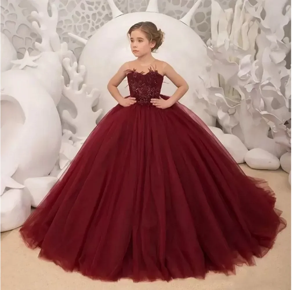 

Burgundy Flower Girl Dresses 2023 First Holy Communion Dresses For Girls Ball Gown Wedding Party Dress Kids Evening Prom Dress