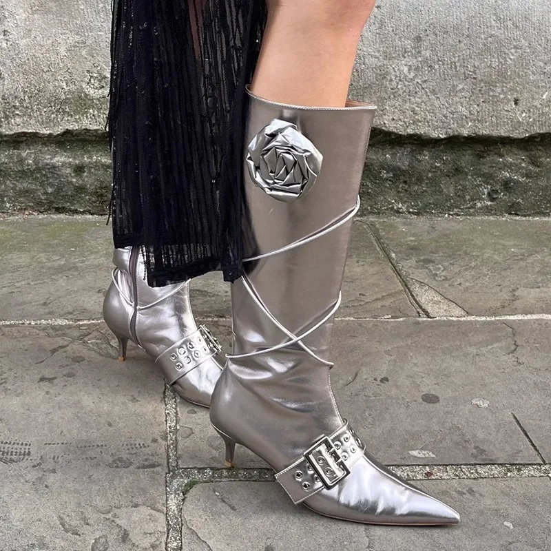 

Silver Belt Buckle Slender High Heel Boots Women's 2023 Autumn New Motorcycle Flower Lace Up Knee Length Boots Side Zipper 35-39