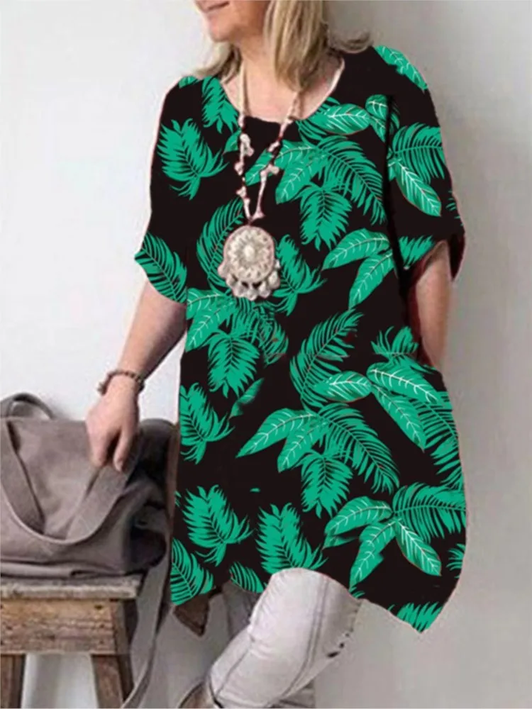 nowa letnia damska modna linia kwiatowy Print z krótkim rękawem okrągłym dekoltem długa swobodna luźna wygodna sukienka do kolan