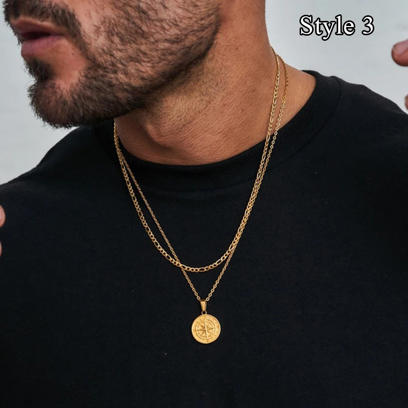 

Layered Necklaces Men Sailing Travel Compass Pendant Stainless Steel Wheat Chain Casual Retro Collar Cheap Pendant Necklace