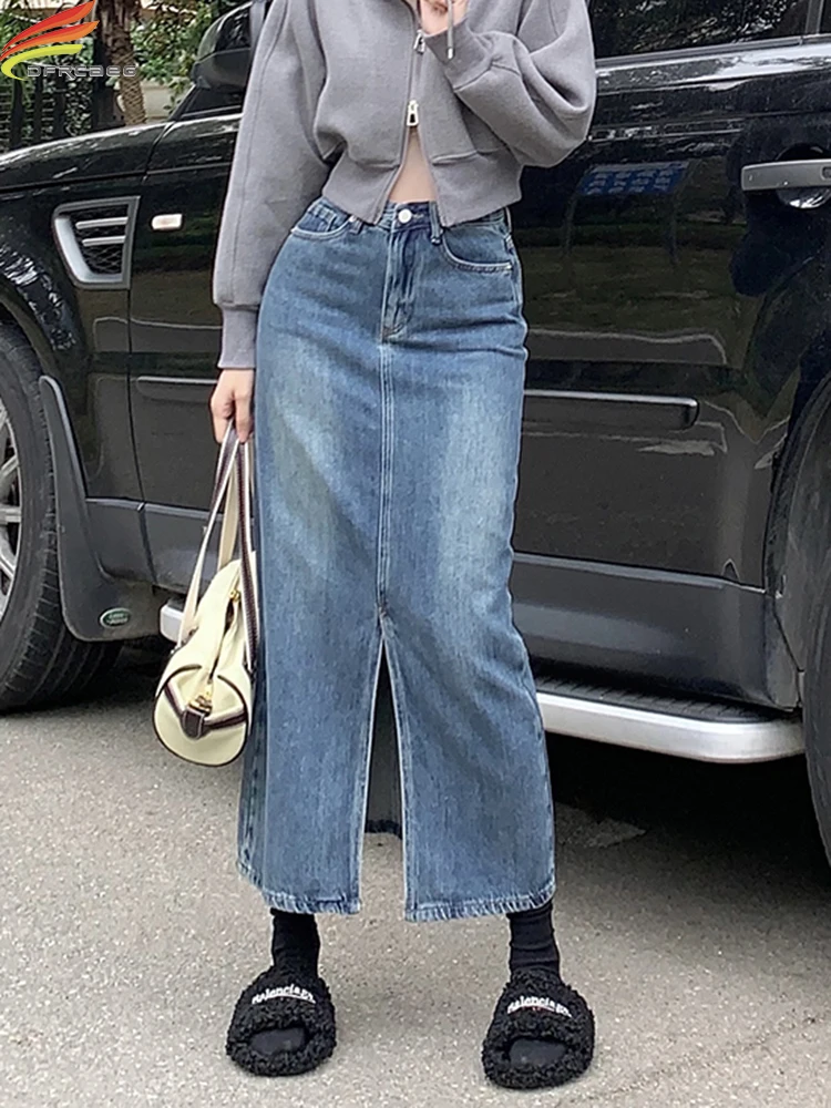 

DFRCAEG 2023 весенне-летняя винтажная длинная джинсовая юбка, Женская трапециевидная юбка с высокой талией и разрезом спереди