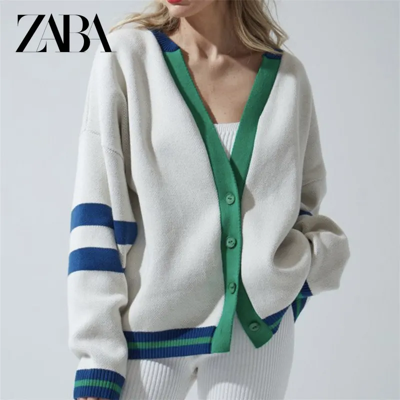 

ZABA ZAR ZA Vintage V-neck Oversized Women Sweater 2022 Winter New Casual Warm Knitted Female Cardigan Loose Ladies Jumpers