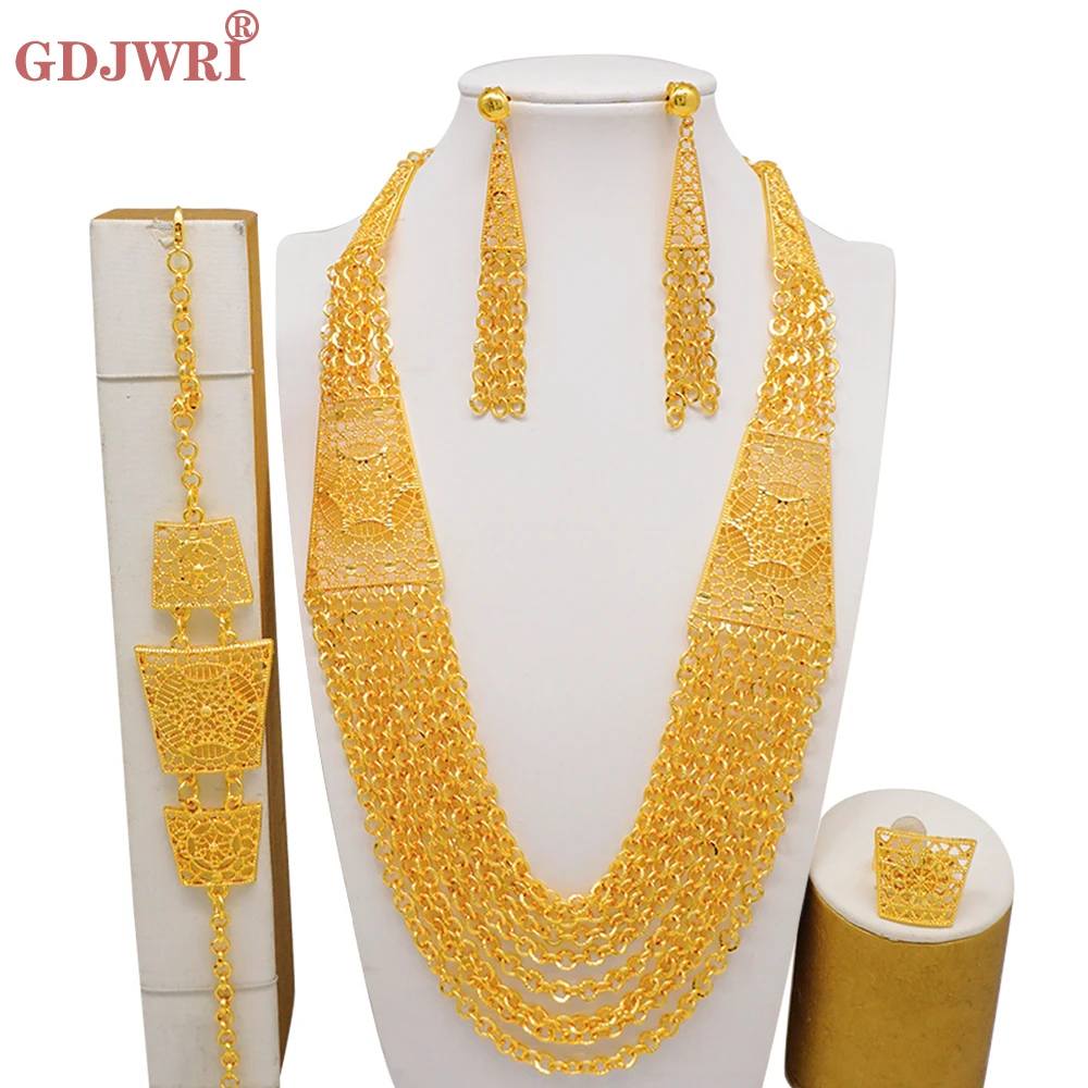 

Fashion African Dubai Gold Color Jewelry Set For Women Wedding Tassel Necklace Bracelets Earrings Ring Indian Bridal Jewellery