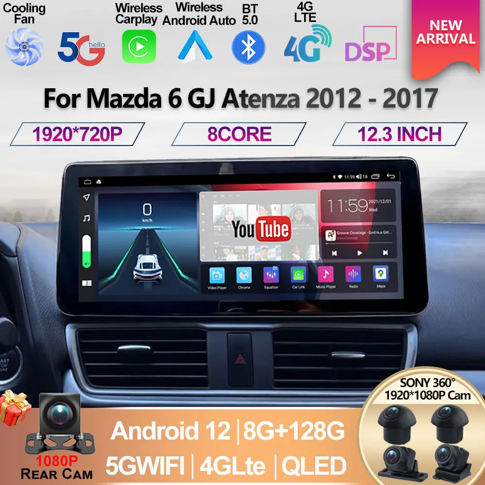 

For Mazda 6 Ⅲ GL GJ 2012 - 2017 1920*720 QLED Android 12 Screen Multimedia Video Player Atenza CarPlay Car Radio Autoradio 128GB