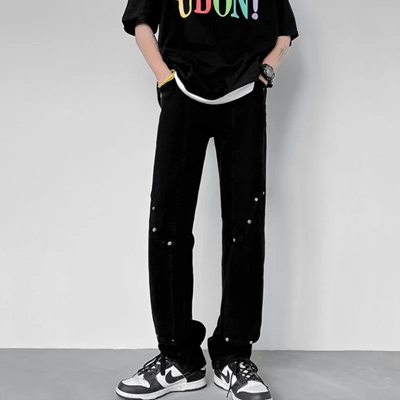Streetwear Men Recreational Vintage Rivet White Jeans 2022 Fashion New Versatile Loose Straight Cylinder Trousers Autumn Female