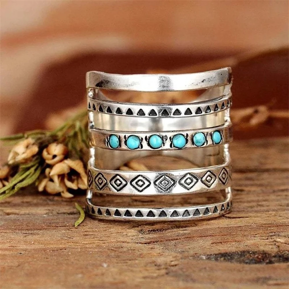 

Bohemian Antique Silver Color Vintage Indian Hollow Design Turquoise Ring for Women Knuckle Finger Ring Ethnic Style Jewelry