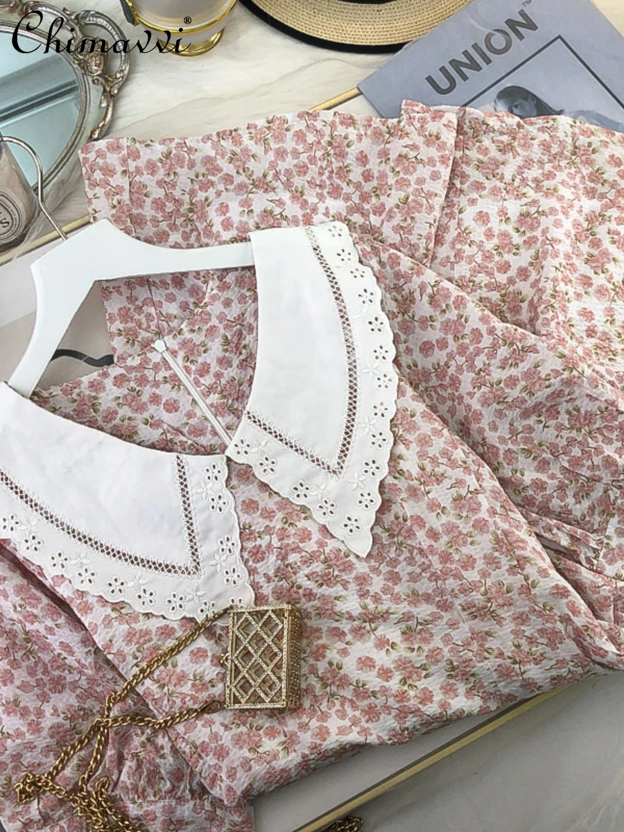 

Retro Fashion Peter Pan Collar Floral Dress for Women 2022 Summer Dress New High Waist Slimming Temperament Feminine Dresses