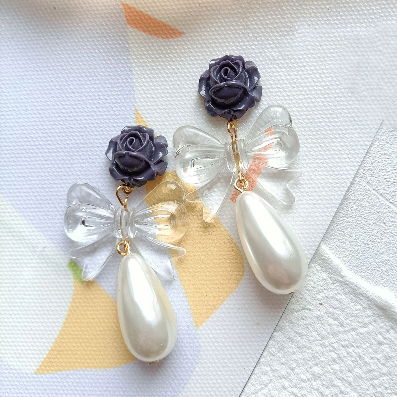 

INS Summer Transparent Bow Vintage Long Water Drop Flower Earring for Women Korean Fashion Jewelry Accessories Pendientes Mujer