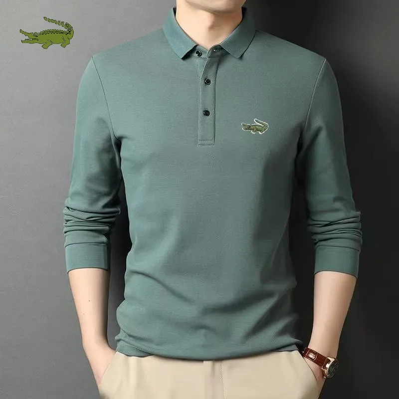 

New Summer Business Pure Cotton Polo T-shirt Men's Long Sleeve Fashion Sportswear Casual Wide Solid Color Polo Neck Men's Top