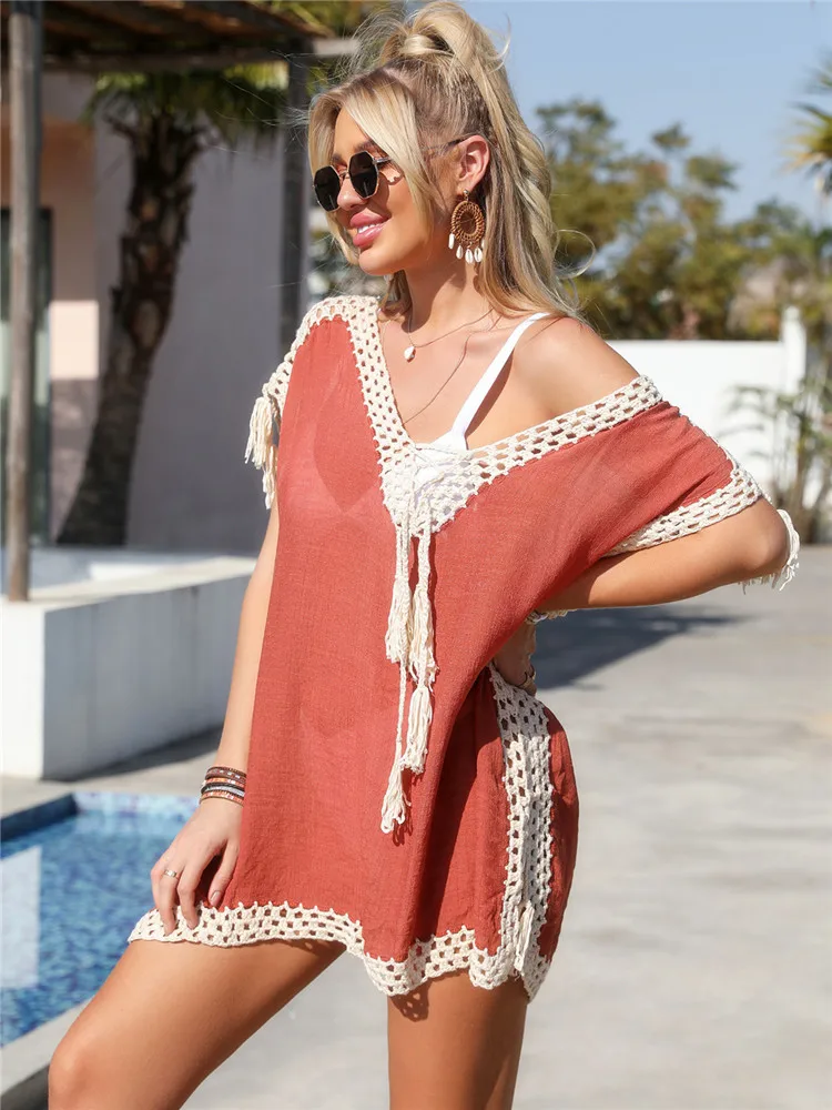 Pareo Beach Cover Up Women's Summer Dress Knitted V Neck Women Bathing Suit Ups Robe De Plage 6 Colors 2022 Swimwear Cover-ups