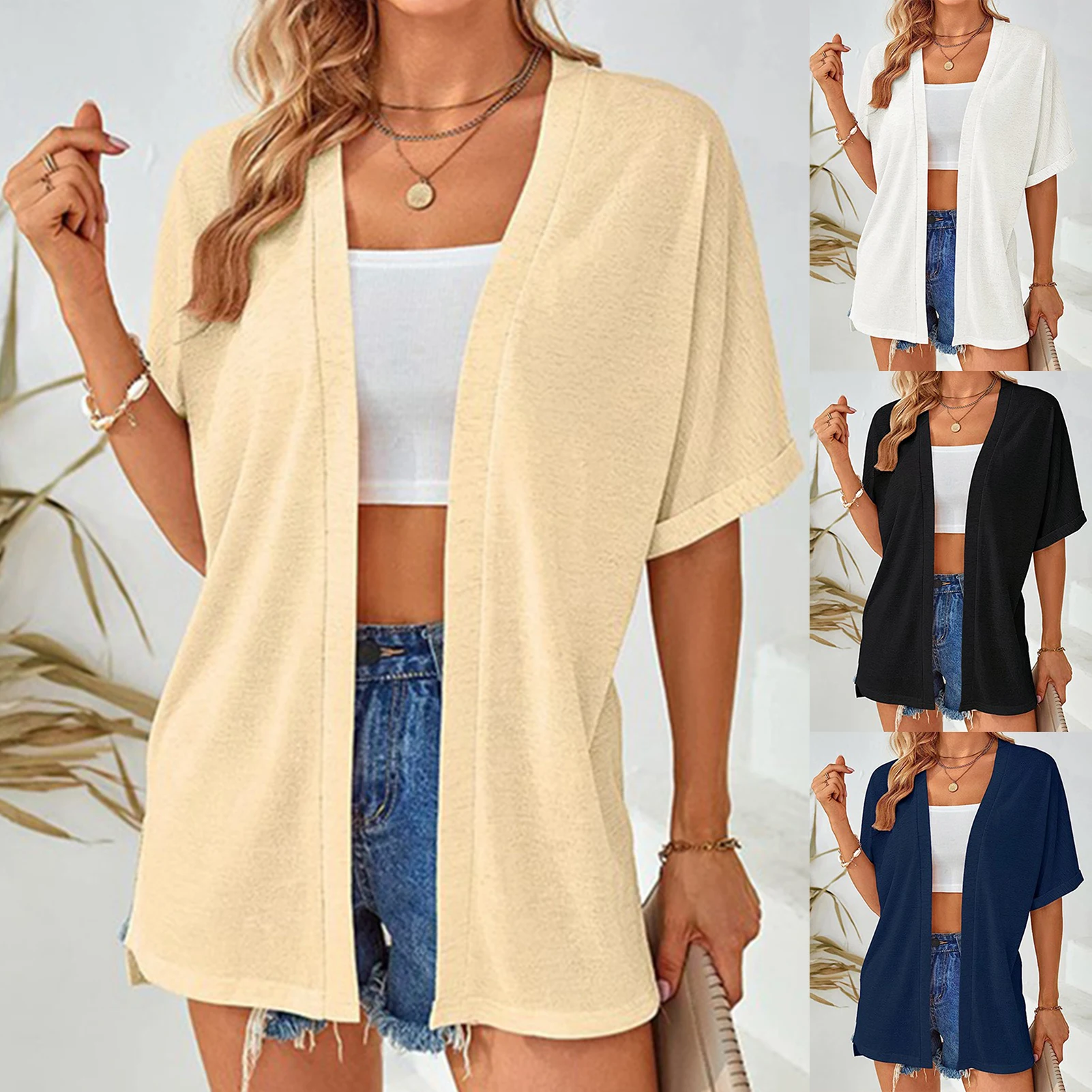 

Ladies Lightweight Cardigan Solid Color Women Loose Cover Ups Loose Fit Basic Crochet Top Short Sleeve Cotton Vacation Outfit