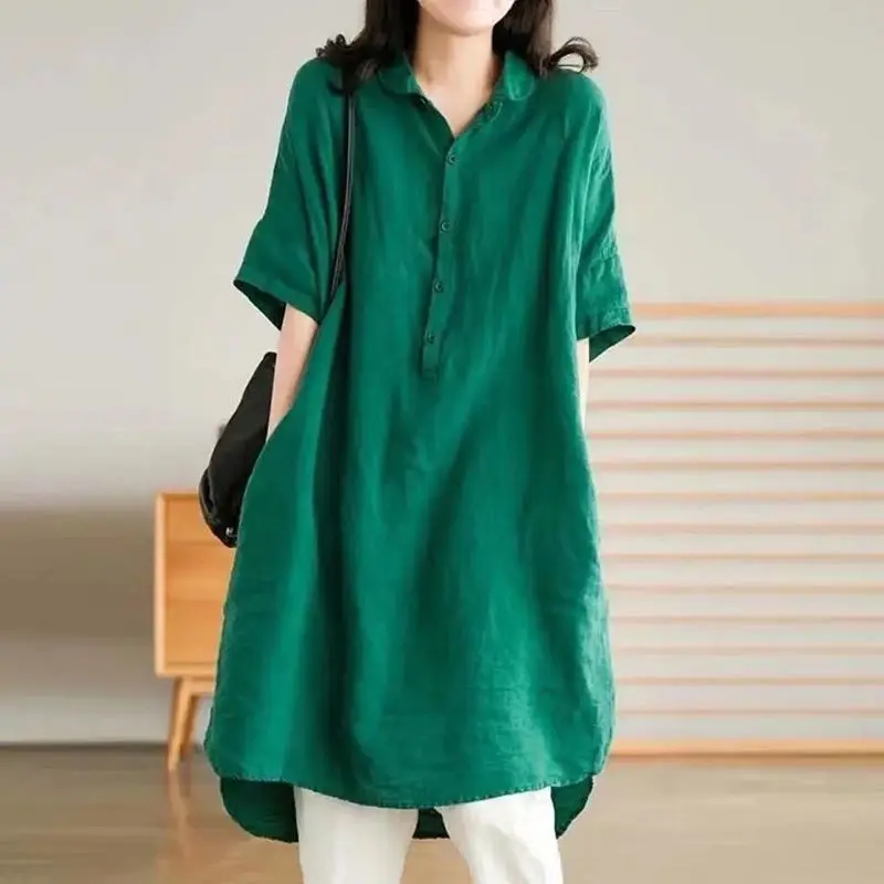 

Vintage Split Hem Loose Shirt Tops Summer New Half Sleeve Polo Neck Solid Color Simplicity Blouse Fashion Casual Women Clothing