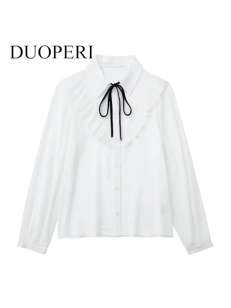 

Женская модная белая однобортная блузка DUOPERI с бантом, винтажная блузка с воротником с лацканами и длинными рукавами, женские шикарные рубашки