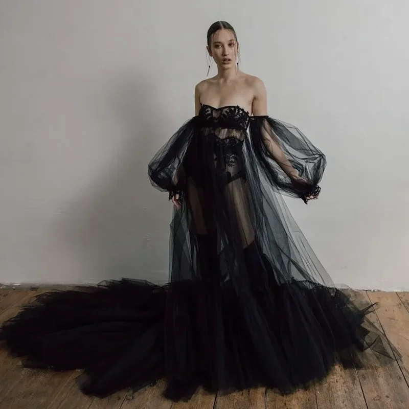 

Shadow Black Bridal Wedding Party Dresses with Long Train See Thru Ruffled Tulle Photo Shooting Gowns Prom Event Gala Dress 2023