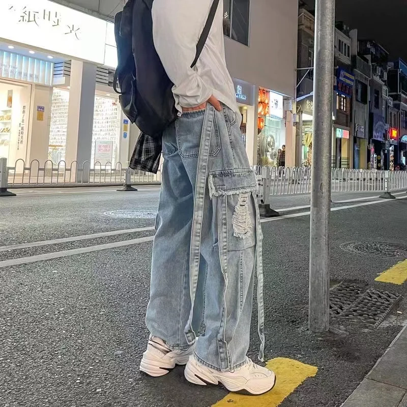 Y2K Men Vintage Streetwear Korean Baggy Ripped Jeans High Waiste Straight Wide Leg Pants Denim Trousers Joggers Male Clothes