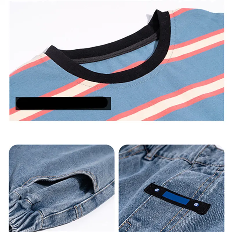 Teen Boys Suit 2022 New Summer Striped Print Short-Sleeved T-shirt+Denim Shorts 2pcs 5-14Y Children's Clothing Set High Quality