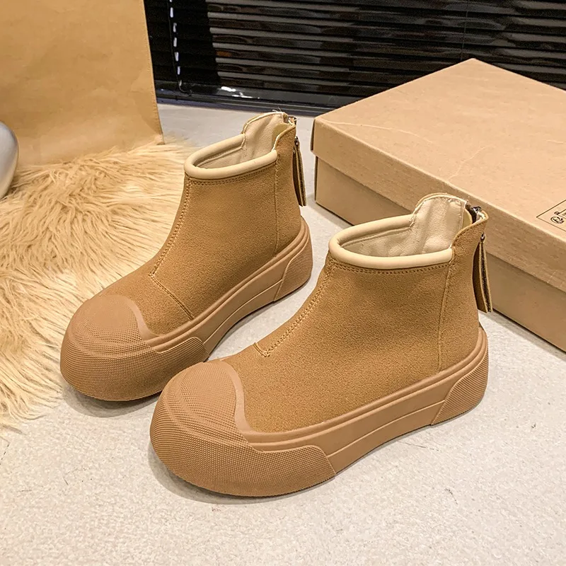 Замшевые ботильоны на платформе плоской подошве женские теплые плюшевые