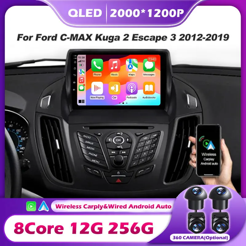 Фото Автомобильное радио Android 15 для Ford C-MAX Kuga 2 Escape 3 2012-2019, автомагнитола Carplay, авто 4G, WIFI, GPS, мультимедийные инструменты с сенсорным экраном №1