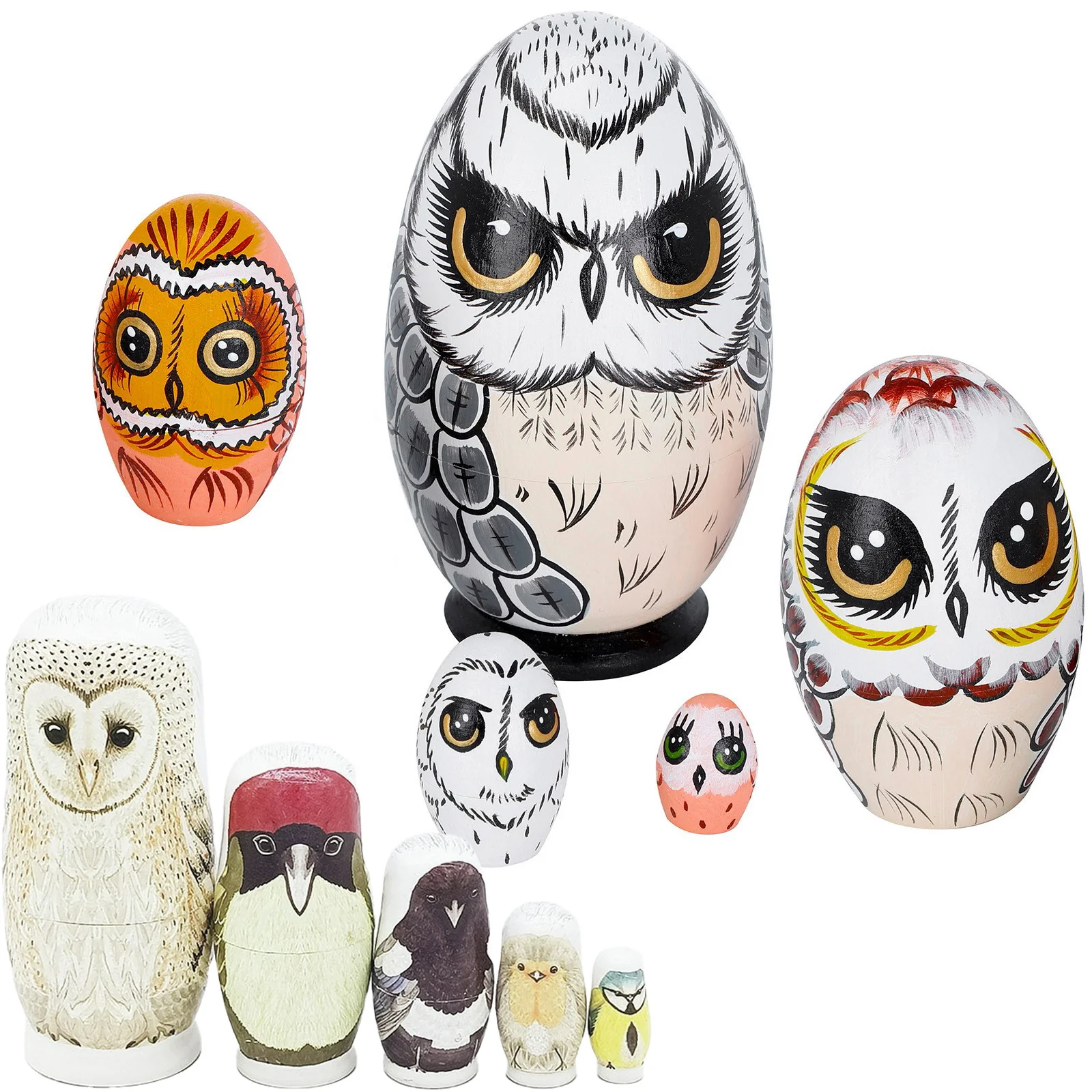 

2022 New Owl Nesting Egg Crafts Set Matryoshka Dolls Handmade Ornament Wooden Art Owl Figurines Toy Birthday Easter Gift for Kid