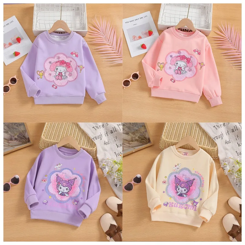 

Kawaii Sanrios Модный хлопковый пуловер для девочек свитер мультфильм My Melody Kuromi блестки Печатный Повседневный худи топ детский подарок