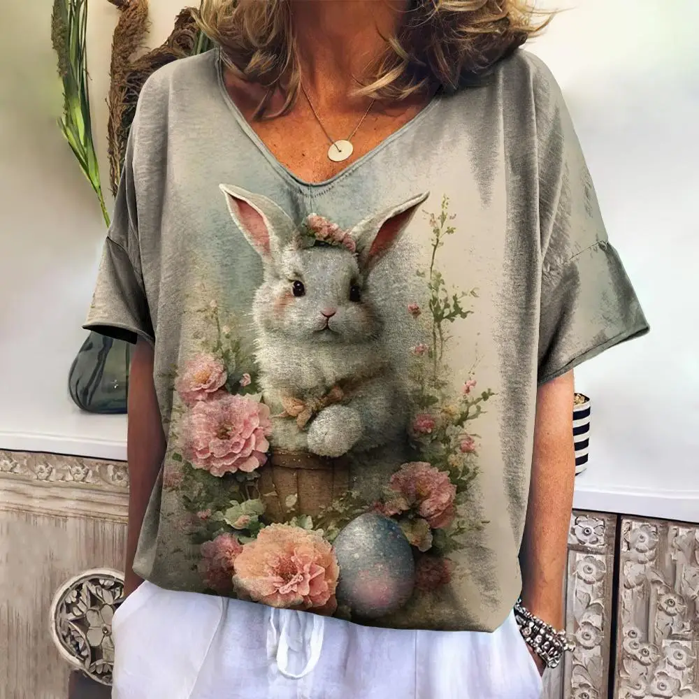 Женская Винтажная футболка с коротким рукавом и V-образным вырезом