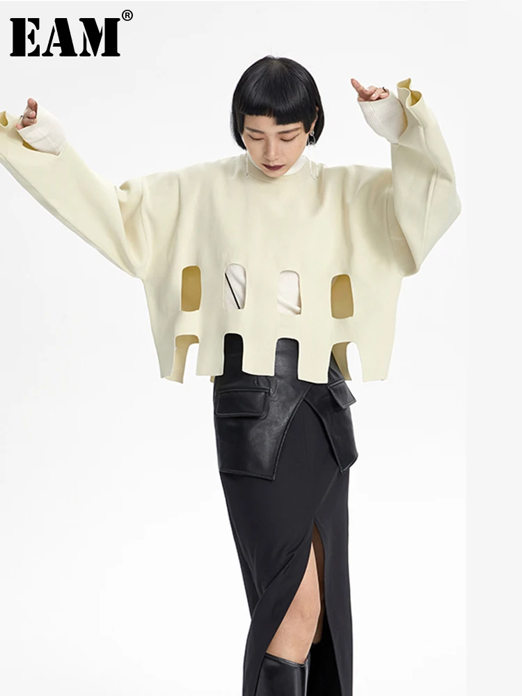 

[EAM] Yellow Hollow Out Big Size Knitting Sweater Round Neck Long Sleeve Women Pullovers New Fashion Autumn Winter 2022 1DE4170