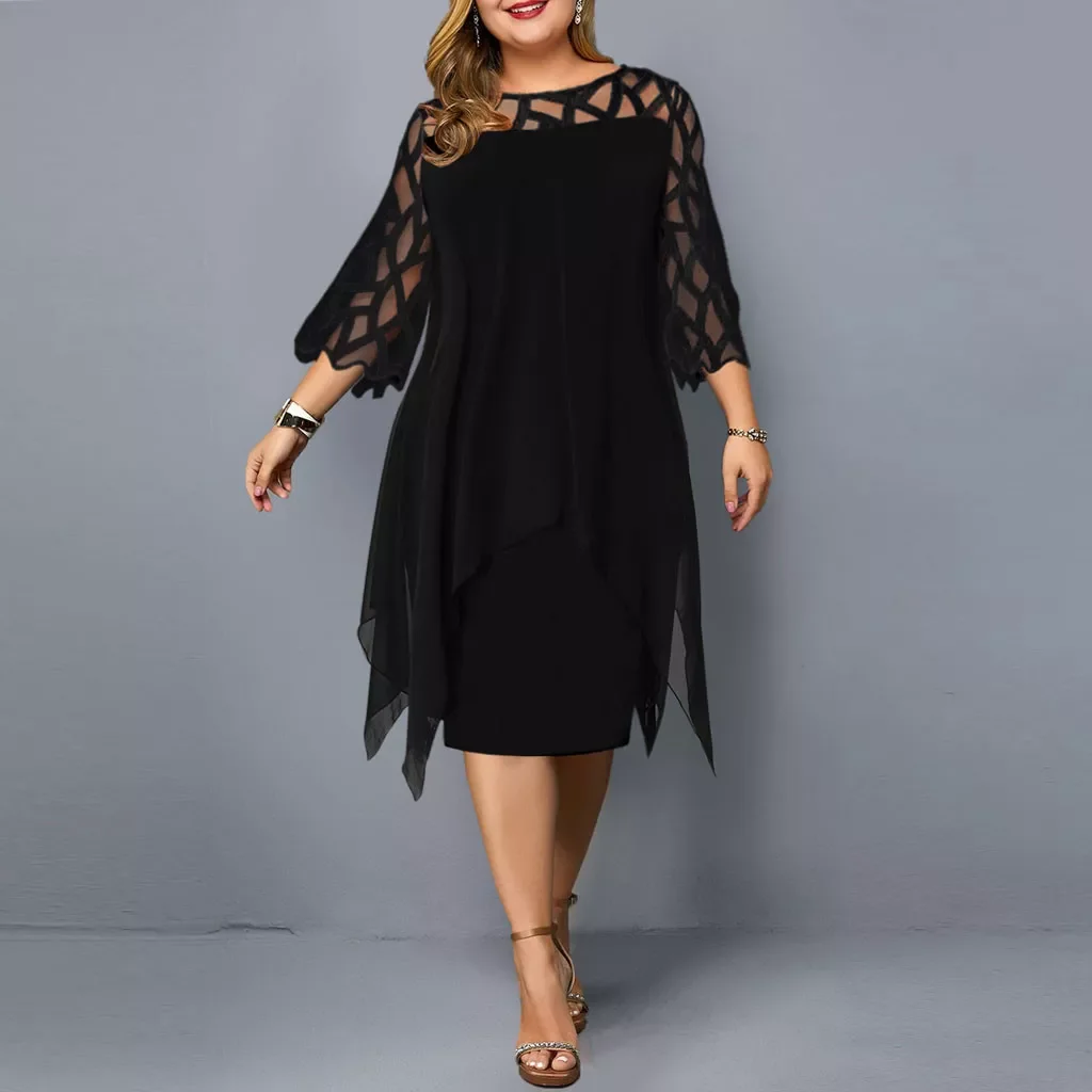 

New in 2022 Size Dress Women Black Dresses Perspective Mesh Chiffon Hollow Out O-Neck Elegant Dresses Casual Ladies Party Dress