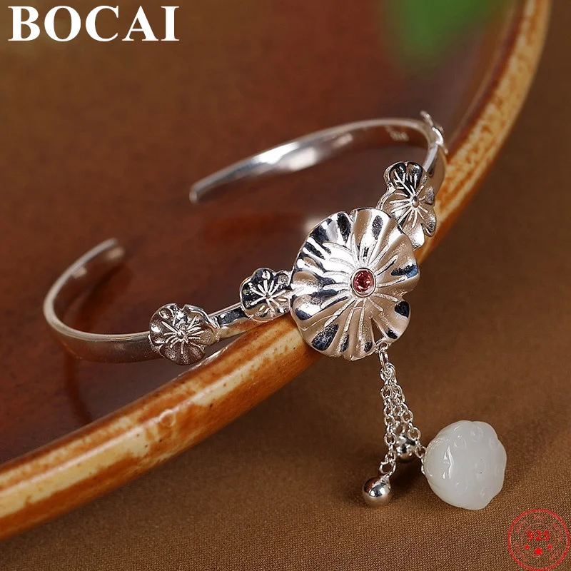 

BOCAI S925 Sterling Silver Bracelet Lotus Seedpod Leaf Hetian Jade Thai Silver Bangle Women's Gemstone Argentum Fashion Jewelry