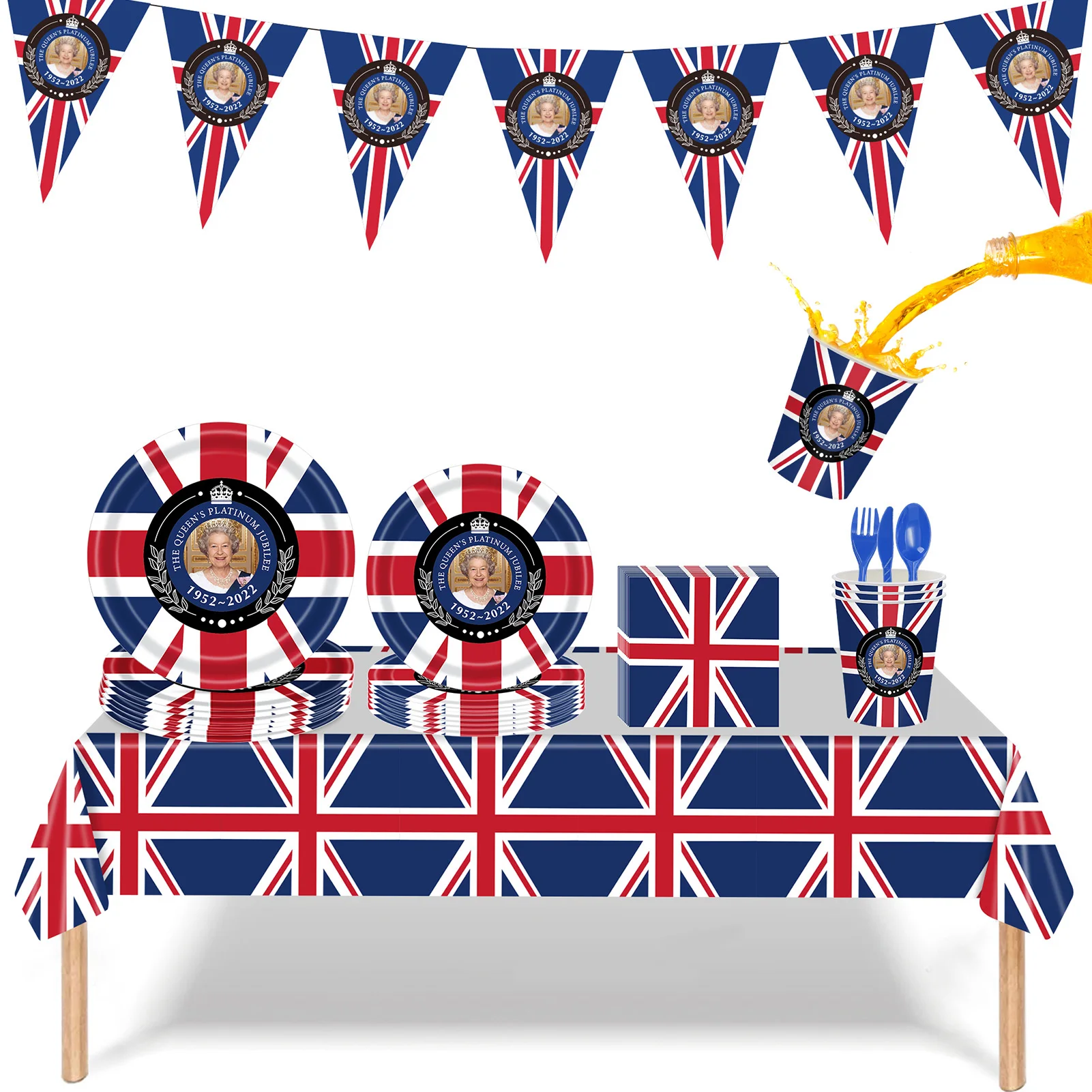 

118Pcs British Flag Tableware Kit British Flag Tableware Kit Union Jack Tablecloth/Plates/Cups/Napkins/Bunting Flags Dinnerware