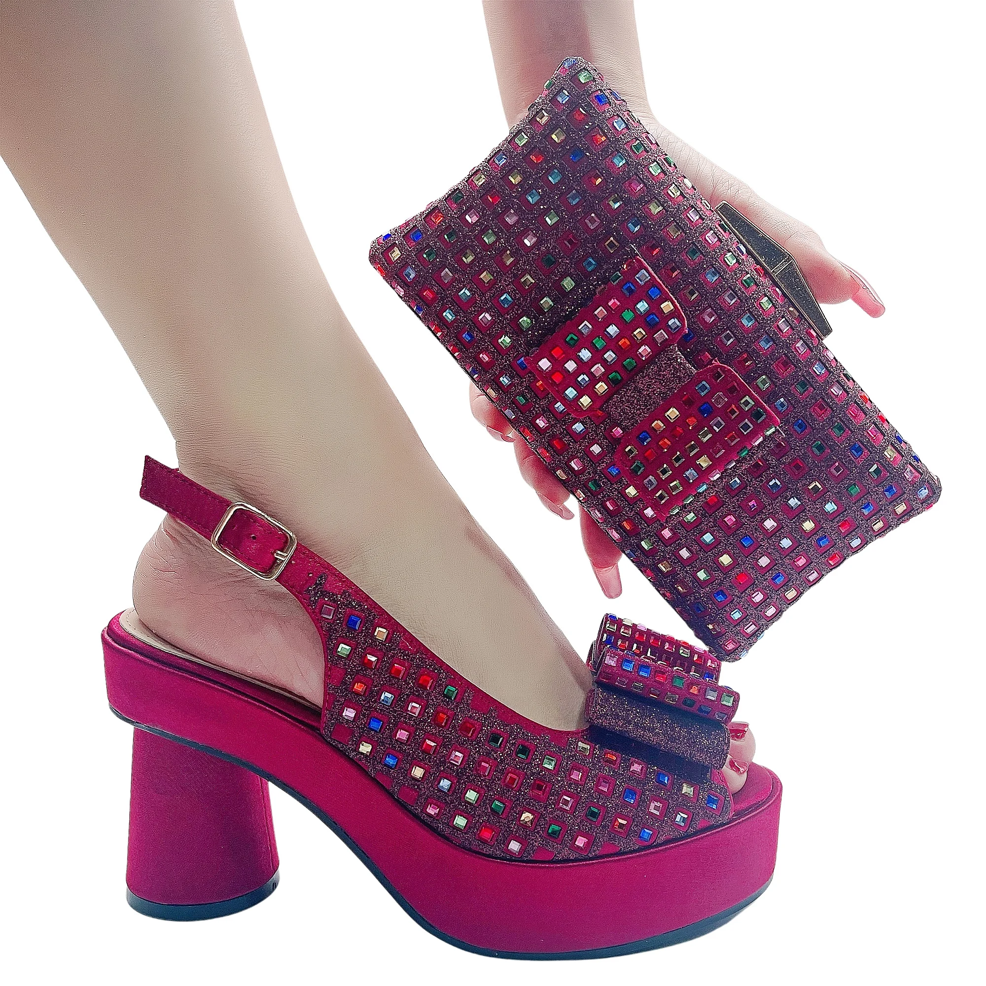 Wedding Shoe and Purse for Bride Matching Shoes and Bags High Quality Glitter Nigerian Party Shoe Platform Sandals Clutch Purse