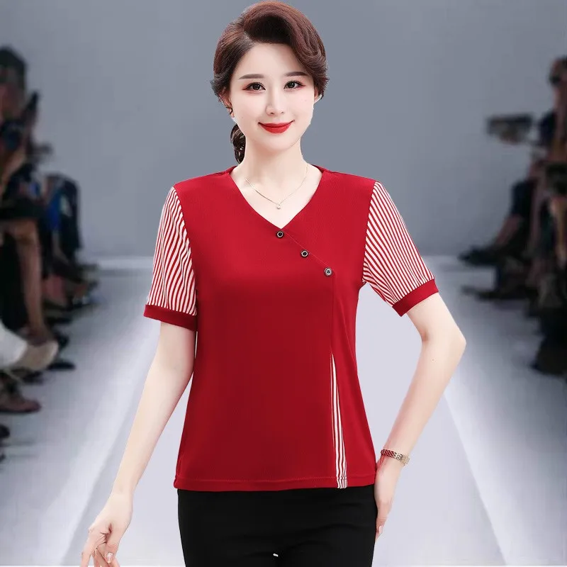 

Summer Casual Loose Short Sleeve Stripe splicing T-shirt Women Fashion Elegant Temperament Simple All-match Top Female Clothes