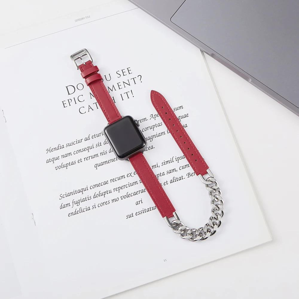 Genuine Leather Strap for Apple Watch Band Series 8 Stainless steel leather bracelet Leather Gourmette Metal Double Tour Strap