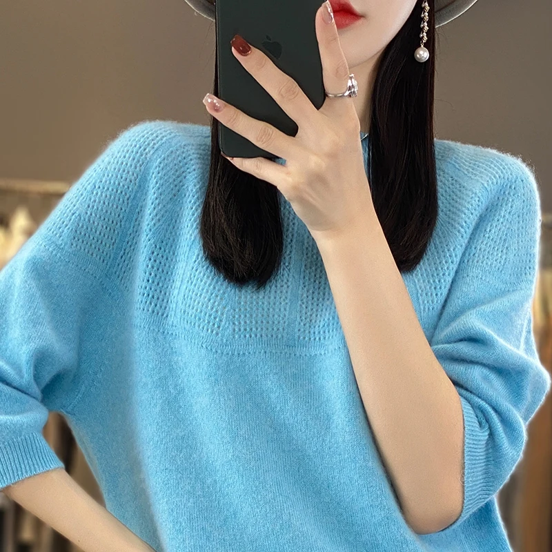 

Summer Hot Sale Women's O-Neck Hollow Out 5/4 Sleeve 100% Merino Wool Sweater Loose Fashion Women's Pullover Sweater T-shirt