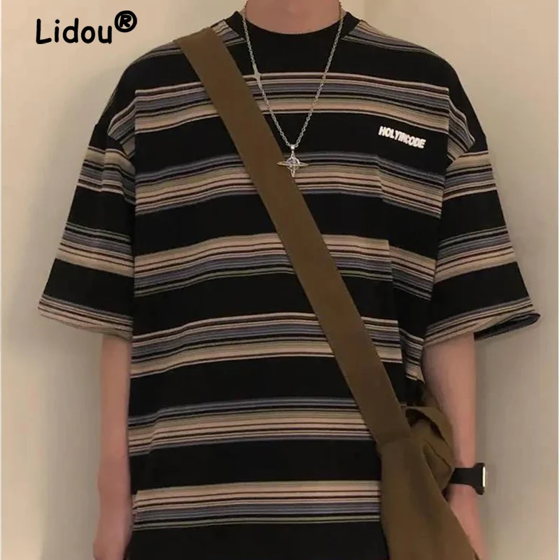 

Youth Japanese Vintage Stripe Short Sleeve Man Top Summer Loose Hong Kong Style Trendy Man Round Neck Fashion Casual T-shirt