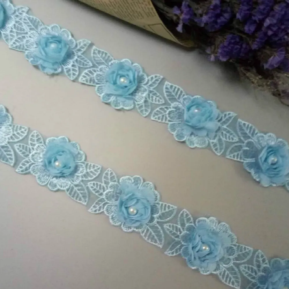 1 ярд 5 см растворимый синий бриллиант жемчужный цветок кружевная отделка вышитая