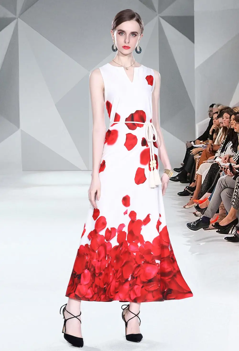 Кружевное платье без рукавов с V-образным вырезом и принтом |