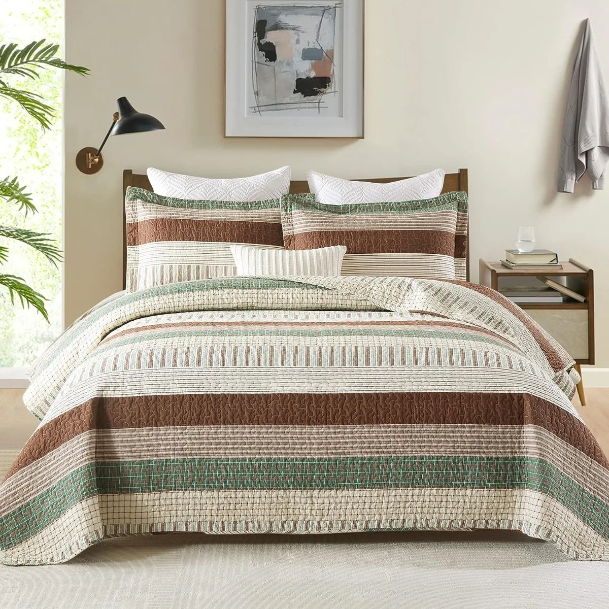 

Комплект стеганого одеяла из 100% хлопка, Королевский размер, легкое двухстороннее одеяло для фермерского хозяйства, зеленый/коричневый/бежевый цвета для всех сезонов, 3 шт.
