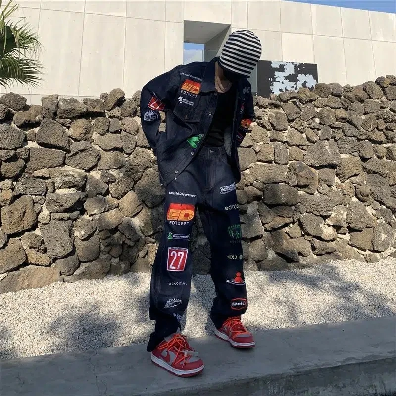 American High Street Printed Jeans Men Women Couples With The Same Loose Straight Hip-Hop Personality Street Pants Trendy Winter