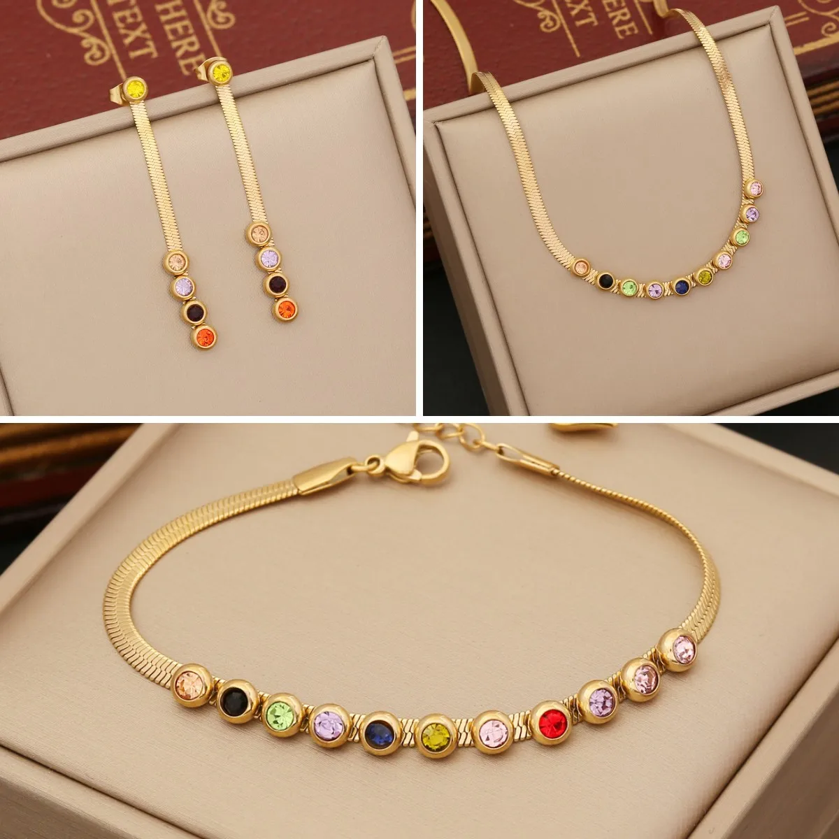 

316L Stainless Steel Colourful Zircon Necklace Earrings For Women New Vintage Lady Jewelry Set Party Lovers Gift