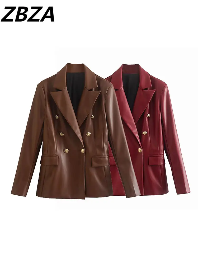 

Женский двубортный Блейзер ZBZA, винтажный блейзер из искусственной кожи с длинными рукавами и карманами, шикарная верхняя одежда, новинка 2023