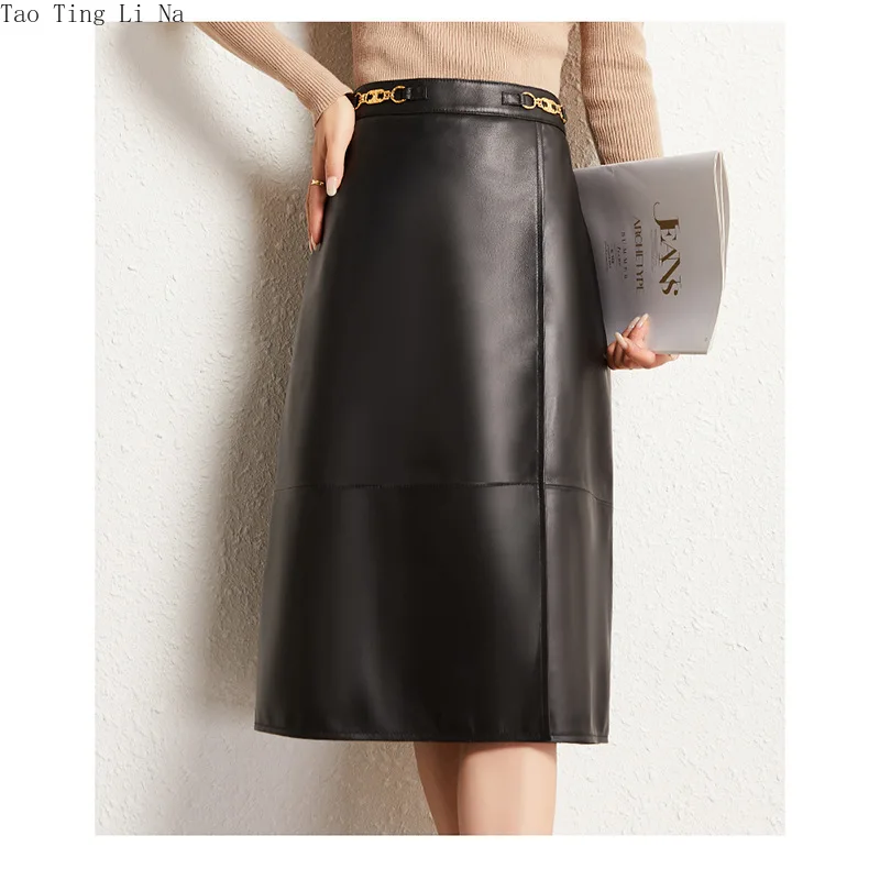 2022 Genuine Leather Skirt Autumn and Winter New High Waist Thin A-line Skirt G1