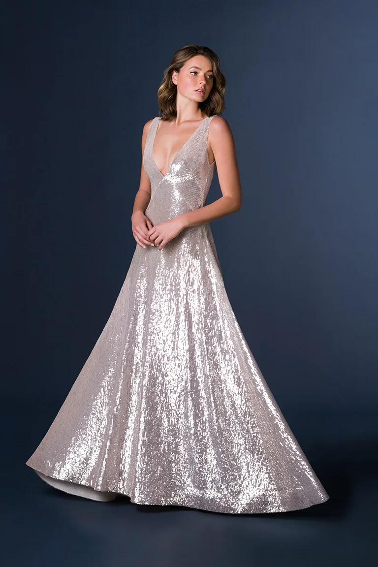 

Sapmae V-neck Sequined A-line Floor-length Court Train Zipper Up Elegant Prom Formal Evenning Party Dress For Women