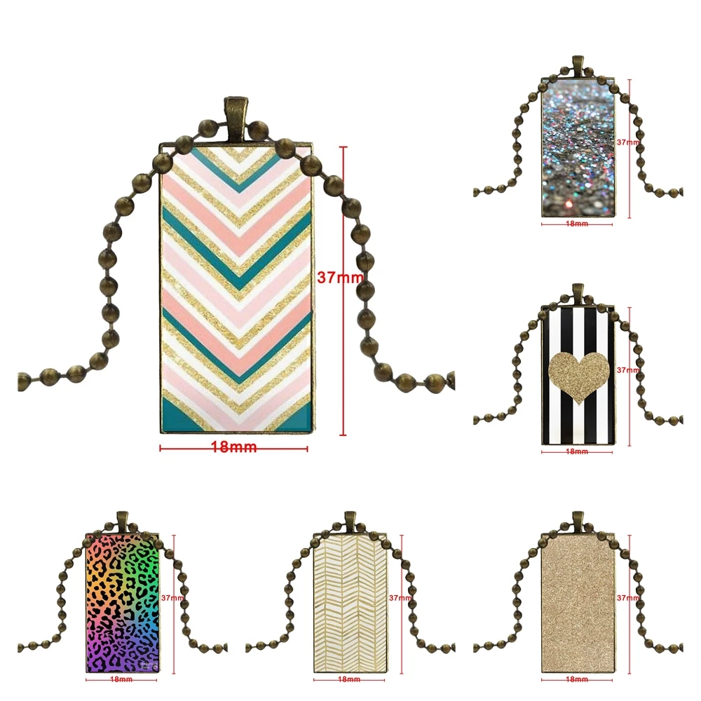 

For Lovers Girl Friend Best Gift Compatible Gold Glitter Herringbone Chevron Glass Cabochon Pendant Necklace Rectangle Fashion
