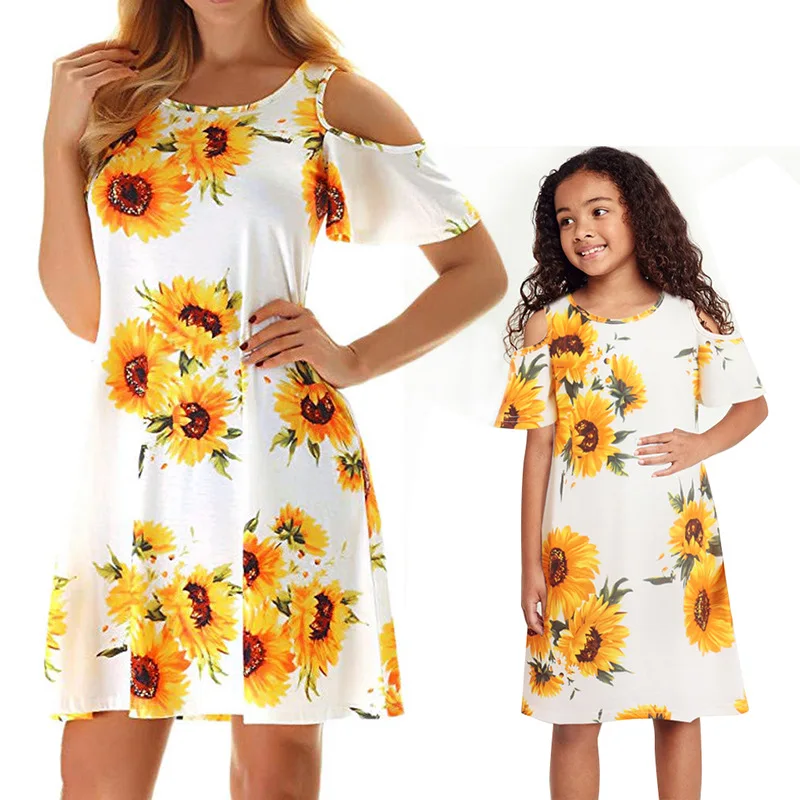 

Sunflower Pattern Casual Loose Women's Dress 2022 New Fashion Family Matching Outfits Short Sleeve Mother Daughter Dress Clothes