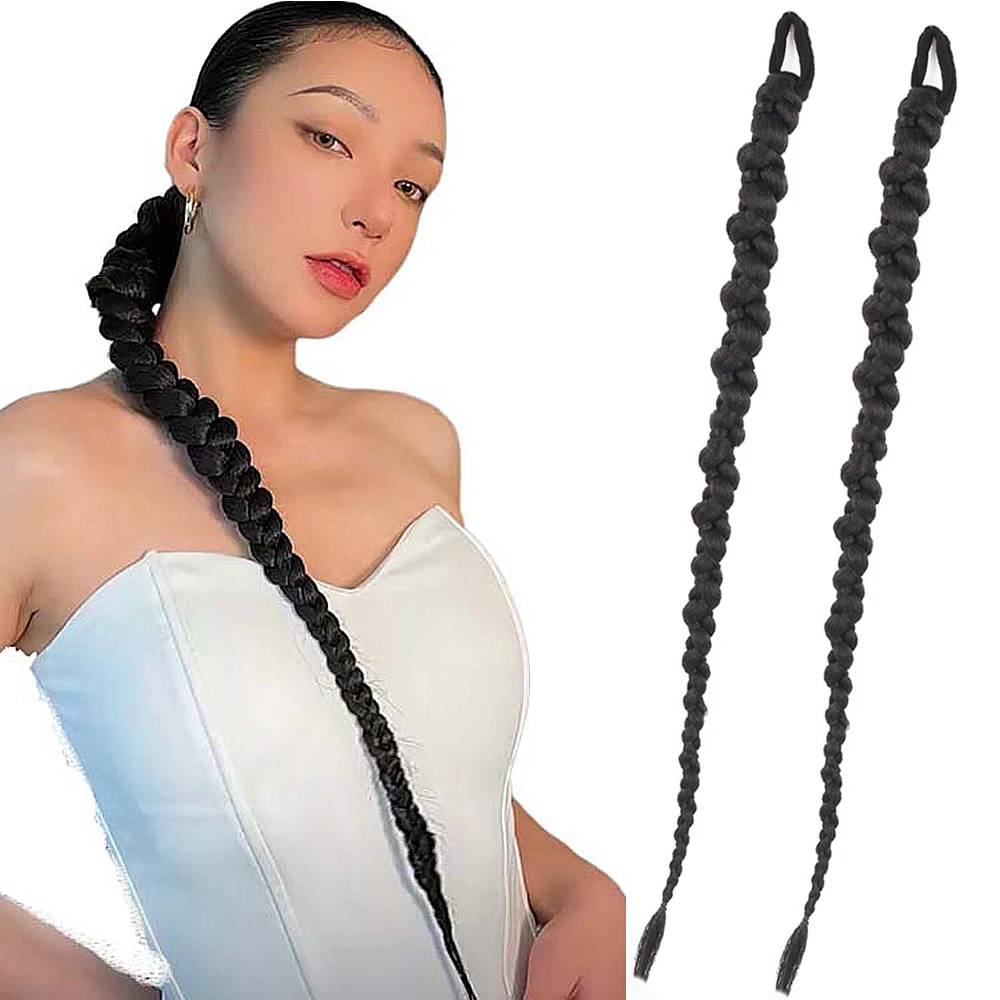 

Synthetic Boxing Braids Ponytail With Rubber Band Hair Ring For Women Ombre Black Brown Jumbo Box Braid Hair Extensions